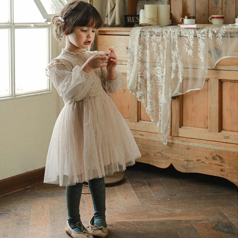 長袖ワンピース キッズワンピース レースチュールフリル長袖ドレスパーティワンピース【mh0009043】