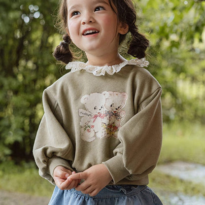 トレーナー・フーディ キッズトップス ベアくまプリントレースフリルカラー長袖スウェットシャツ【mh0009045】