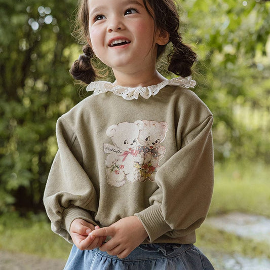 トレーナー・フーディ キッズトップス ベアくまプリントレースフリルカラー長袖スウェットシャツ【mh0009045】