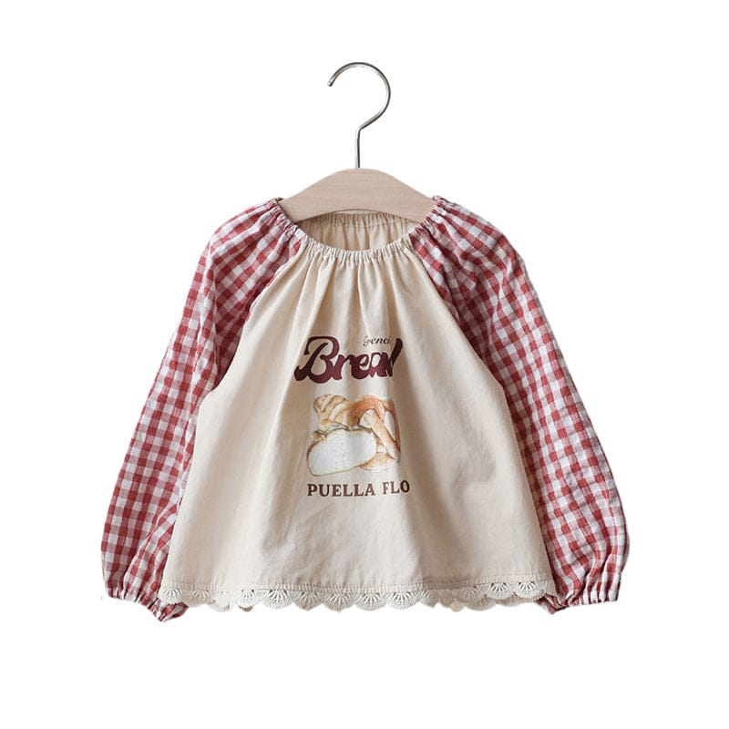 長袖シャツ・ブラウス キッズトップス ブレッドプリントチェック袖パッチワーク長袖スモックブラウス【mh0009049】