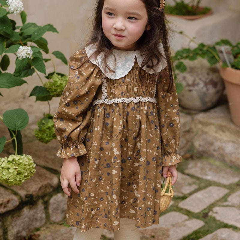 長袖ワンピース キッズワンピース レース襟フラワープリント長袖ワンピース【mh0009051】