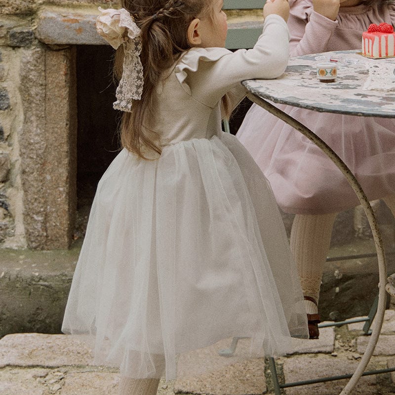 長袖ワンピース キッズワンピース ショルダーフリルカットソードッキングチュールスカート長袖ドレスワンピース【mh0009052】