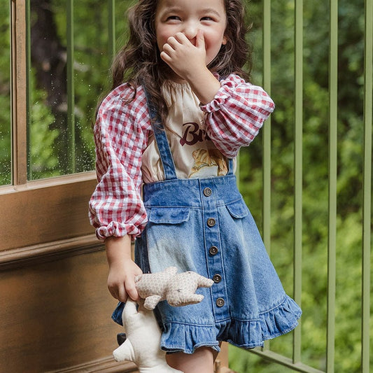 スカート キッズスカート チェック/デニムフリルサスペンダースカート【mh0009054】