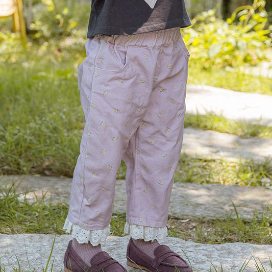 ロングパンツ・スウェットパンツ キッズパンツ フラワー刺繍裾フリルルーズロングパンツ【mh0009055】