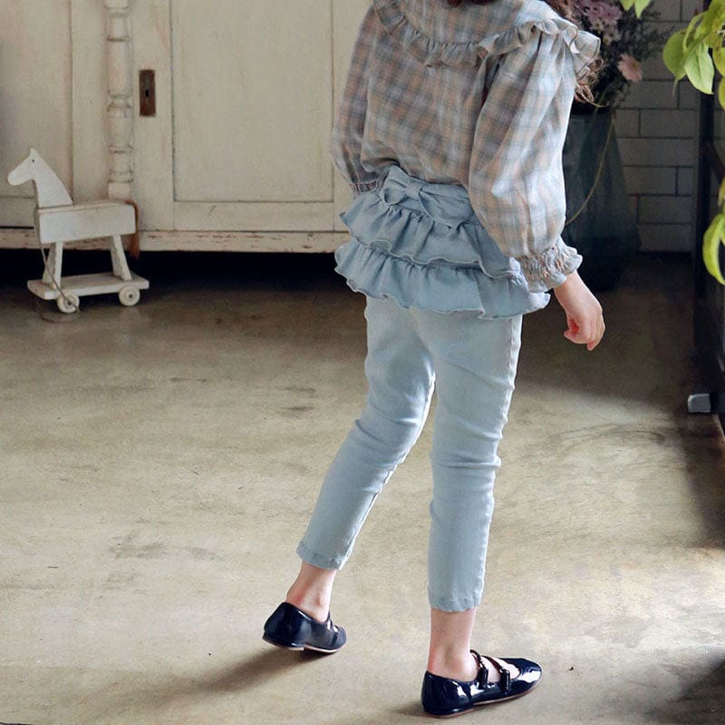 レギンスパンツ キッズパンツ ダブルレイヤーフリルバックリボンスカートドッキングデニムレギンスパンツ【mh0009057】