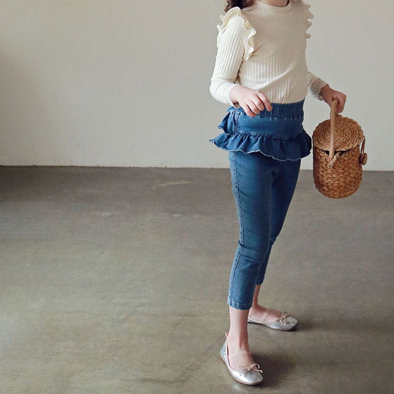 レギンスパンツ キッズパンツ ダブルレイヤーフリルバックリボンスカートドッキングデニムレギンスパンツ【mh0009057】