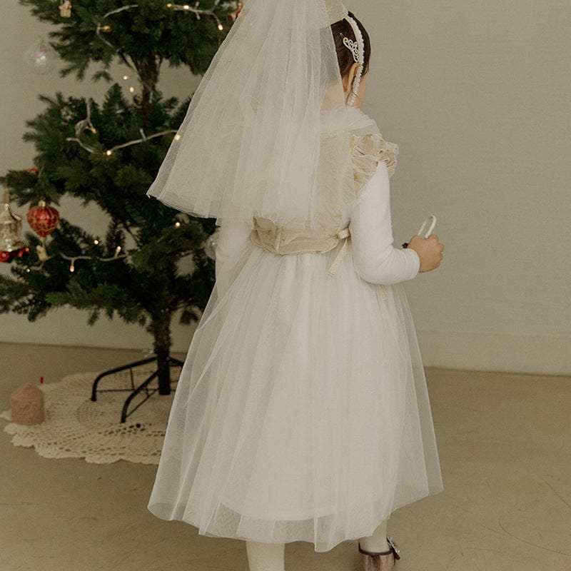 長袖ワンピース キッズワンピース チュールリボン長袖プリンセスパーティドレスワンピース【mh0009062】