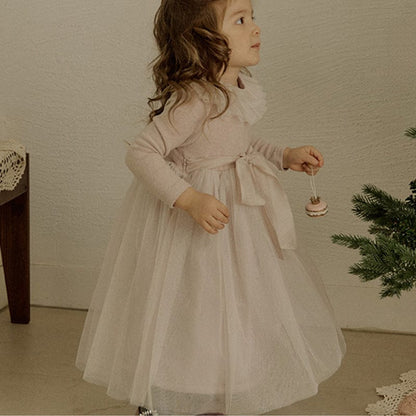 長袖ワンピース キッズワンピース チュールリボン長袖プリンセスパーティドレスワンピース【mh0009062】