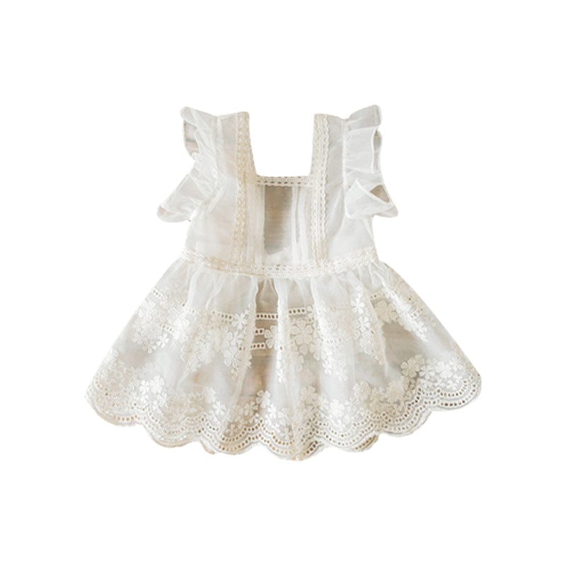 ノースリーブワンピース キッズトップス シアーレースエプロンドレス重ね着チュニックブラウス【mh0009070】