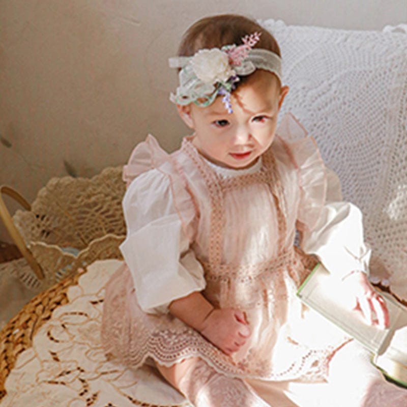 ノースリーブワンピース キッズトップス シアーレースエプロンドレス重ね着チュニックブラウス【mh0009070】