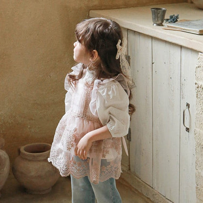 ノースリーブワンピース キッズトップス シアーレースエプロンドレス重ね着チュニックブラウス【mh0009070】