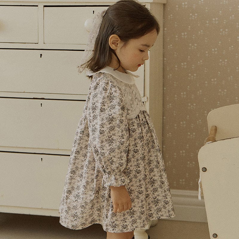 長袖ワンピース キッズワンピース 丸襟フラワープリントガーリー長袖ドレスワンピース【mh0009075】
