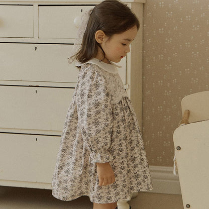 長袖ワンピース キッズワンピース 丸襟フラワープリントガーリー長袖ドレスワンピース【mh0009075】