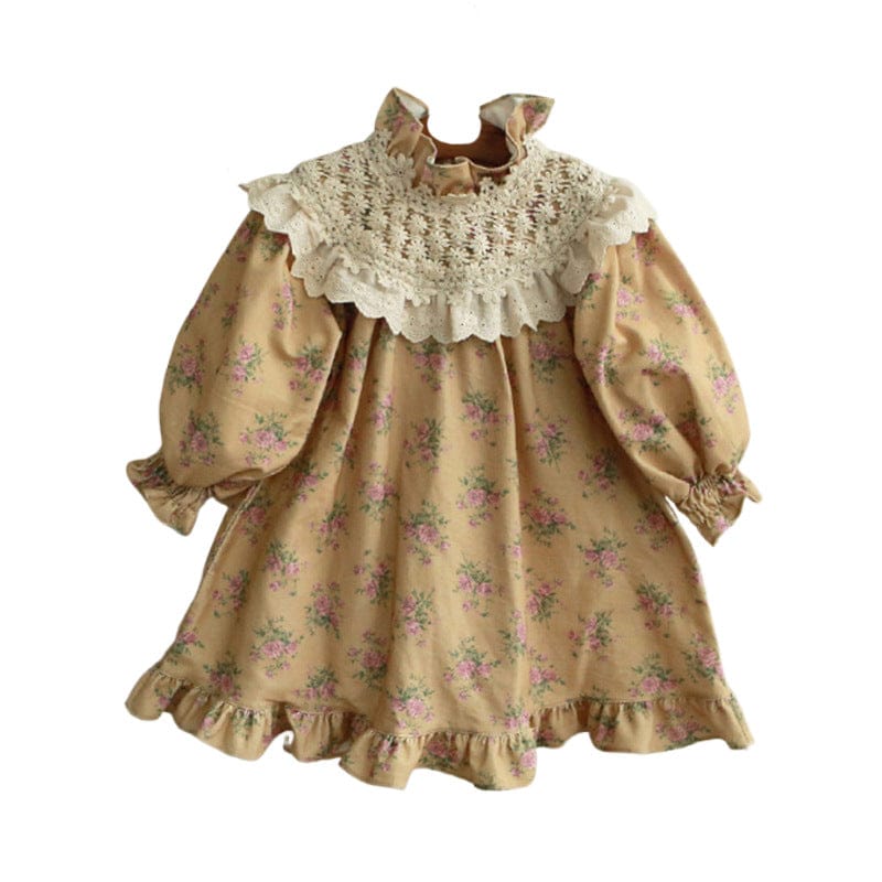 長袖ワンピース キッズワンピース レースショールフラワープリントガーリー長袖ワンピース【mh0009076】