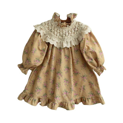 長袖ワンピース キッズワンピース レースショールフラワープリントガーリー長袖ワンピース【mh0009076】