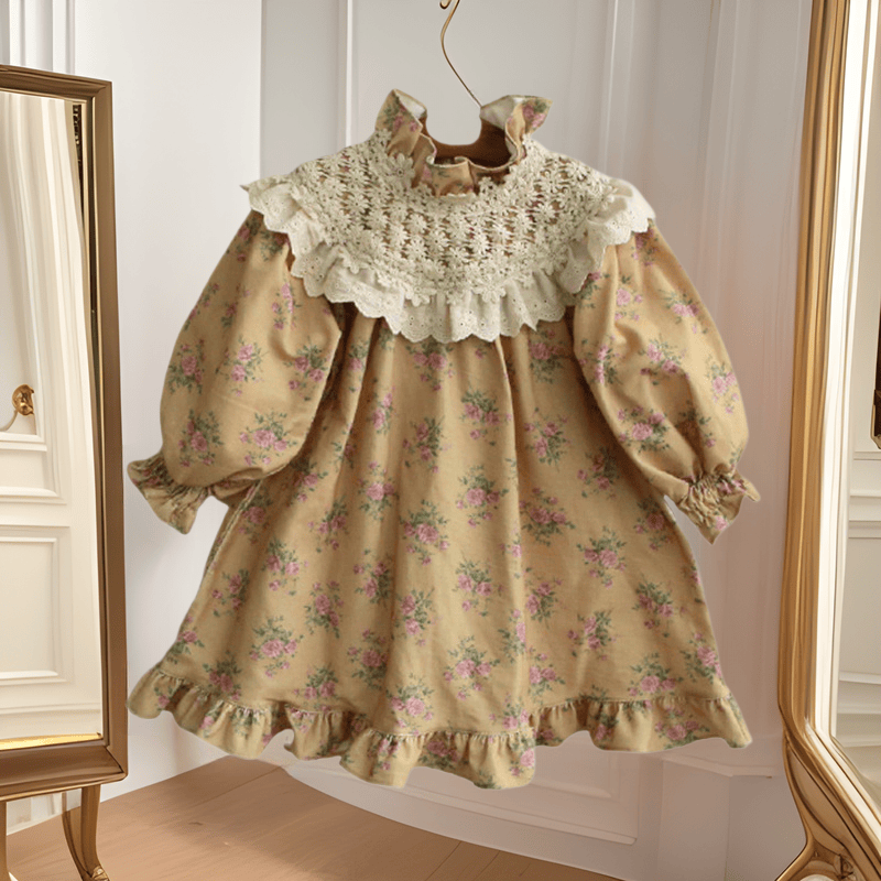 長袖ワンピース キッズワンピース レースショールフラワープリントガーリー長袖ワンピース【mh0009076】