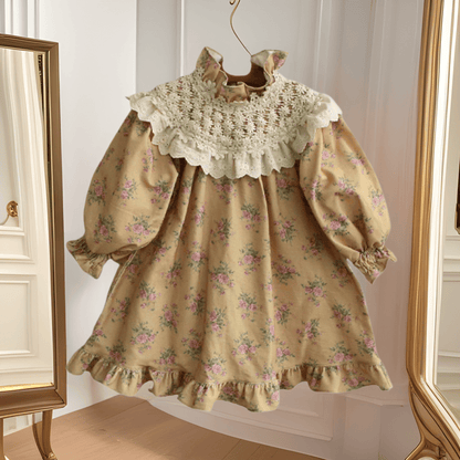 長袖ワンピース キッズワンピース レースショールフラワープリントガーリー長袖ワンピース【mh0009076】