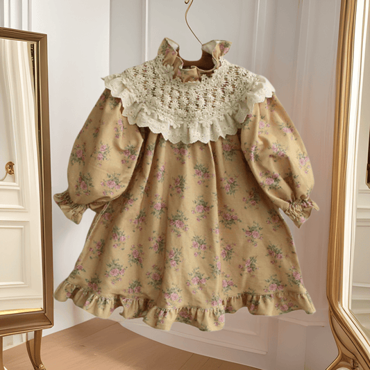 長袖ワンピース キッズワンピース レースショールフラワープリントガーリー長袖ワンピース【mh0009076】