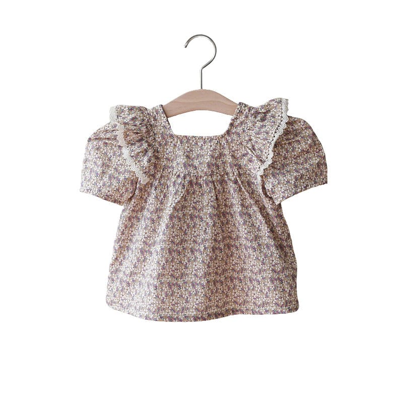 半袖シャツ・ブラウス フラワープリントバタフライフリル半袖パフスリーブブラウス【mh0009628】