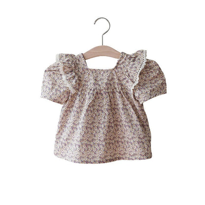 半袖シャツ・ブラウス フラワープリントバタフライフリル半袖パフスリーブブラウス【mh0009628】