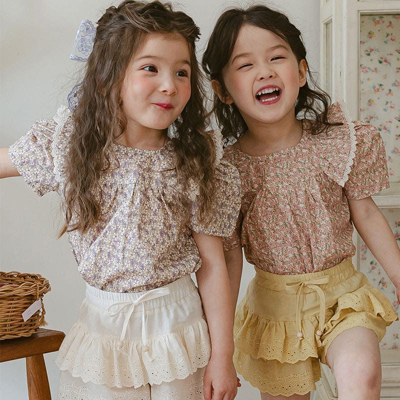 半袖シャツ・ブラウス フラワープリントバタフライフリル半袖パフスリーブブラウス【mh0009628】