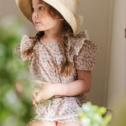 半袖シャツ・ブラウス フラワープリントバタフライフリル半袖パフスリーブブラウス【mh0009628】