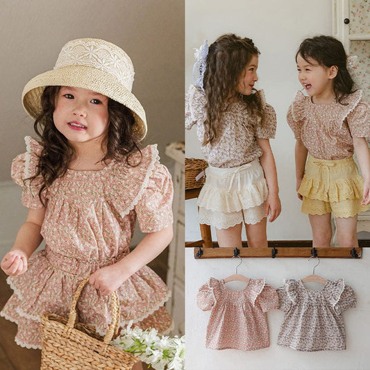 半袖シャツ・ブラウス フラワープリントバタフライフリル半袖パフスリーブブラウス【mh0009628】