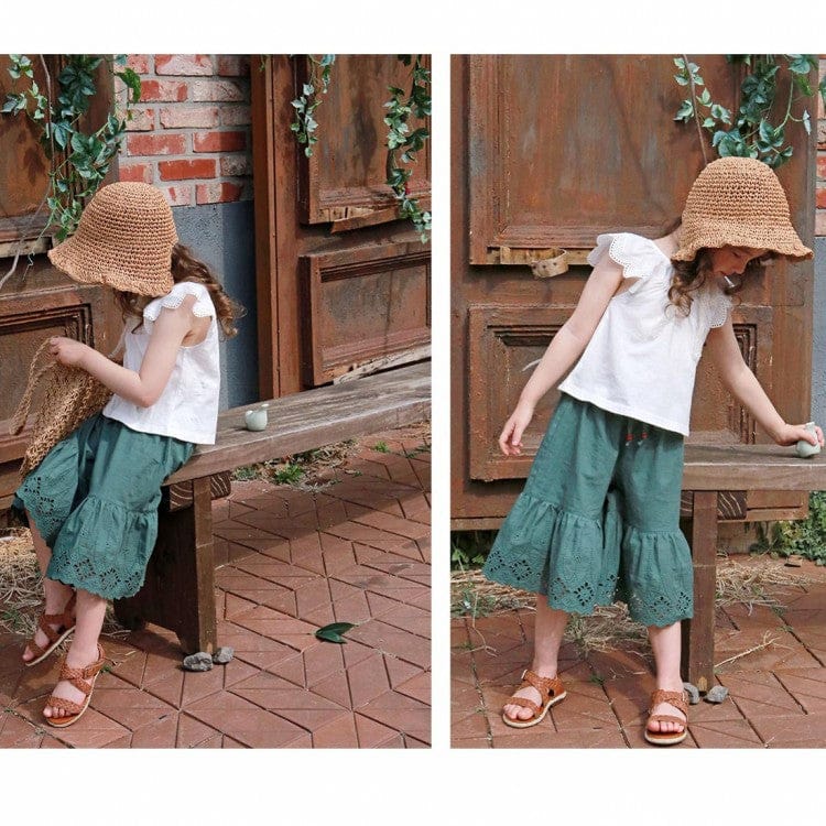 ロングパンツ・スウェットパンツ スカラップレースワイドルーズクロップドパンツガウチョパンツ【mh0009633】