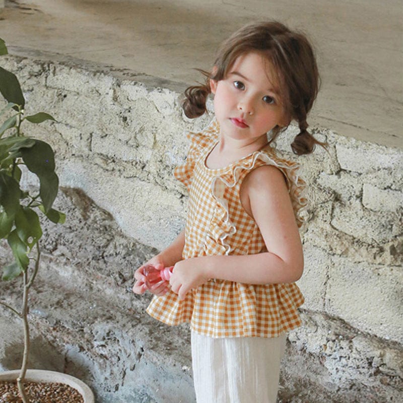 タンクトップ・キャミソール・ノースリーブトップス チェックバタフライフリルペプラムノースリーブブラウス【mh0009635】