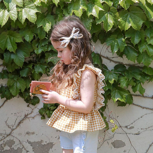 タンクトップ・キャミソール・ノースリーブトップス チェックバタフライフリルペプラムノースリーブブラウス【mh0009635】