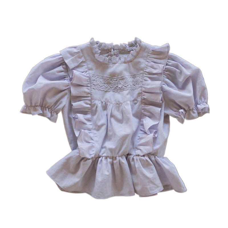 半袖シャツ・ブラウス ラッフルフリルレース半袖パフスリーブブラウス【mh0009639】