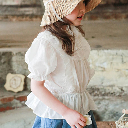 半袖シャツ・ブラウス ラッフルフリルレース半袖パフスリーブブラウス【mh0009639】