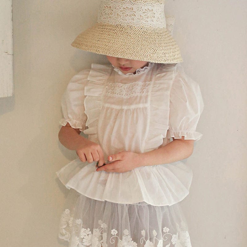 半袖シャツ・ブラウス ラッフルフリルレース半袖パフスリーブブラウス【mh0009639】