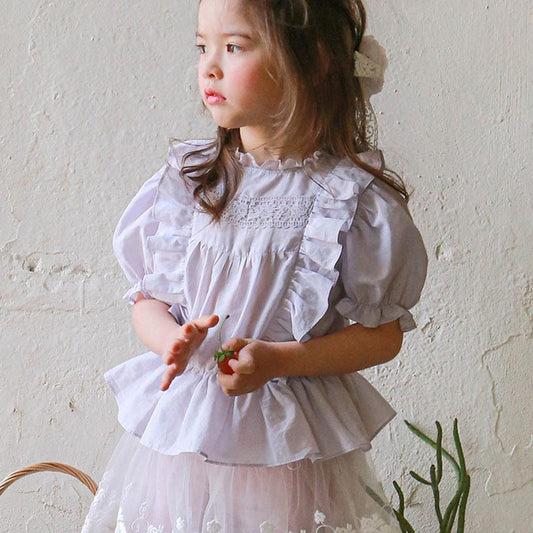 半袖シャツ・ブラウス ラッフルフリルレース半袖パフスリーブブラウス【mh0009639】