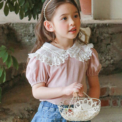 半袖シャツ・ブラウス ビッグレース襟半袖パフスリーブブラウス【mh0009641】