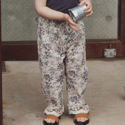 ロングパンツ・スウェットパンツ フラワープリント裾レースクロップドイージーパンツ【mh0009644】