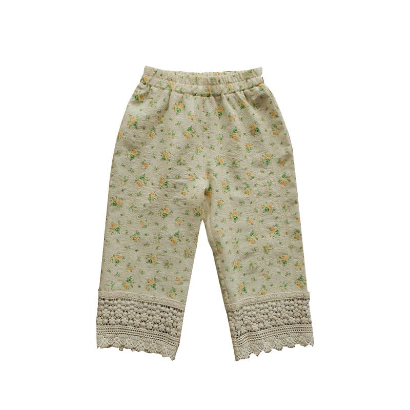 ロングパンツ・スウェットパンツ フラワープリント裾刺繍レースクロップドパンツ【mh0009658】