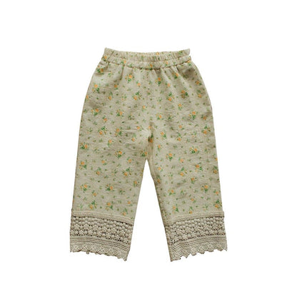ロングパンツ・スウェットパンツ フラワープリント裾刺繍レースクロップドパンツ【mh0009658】