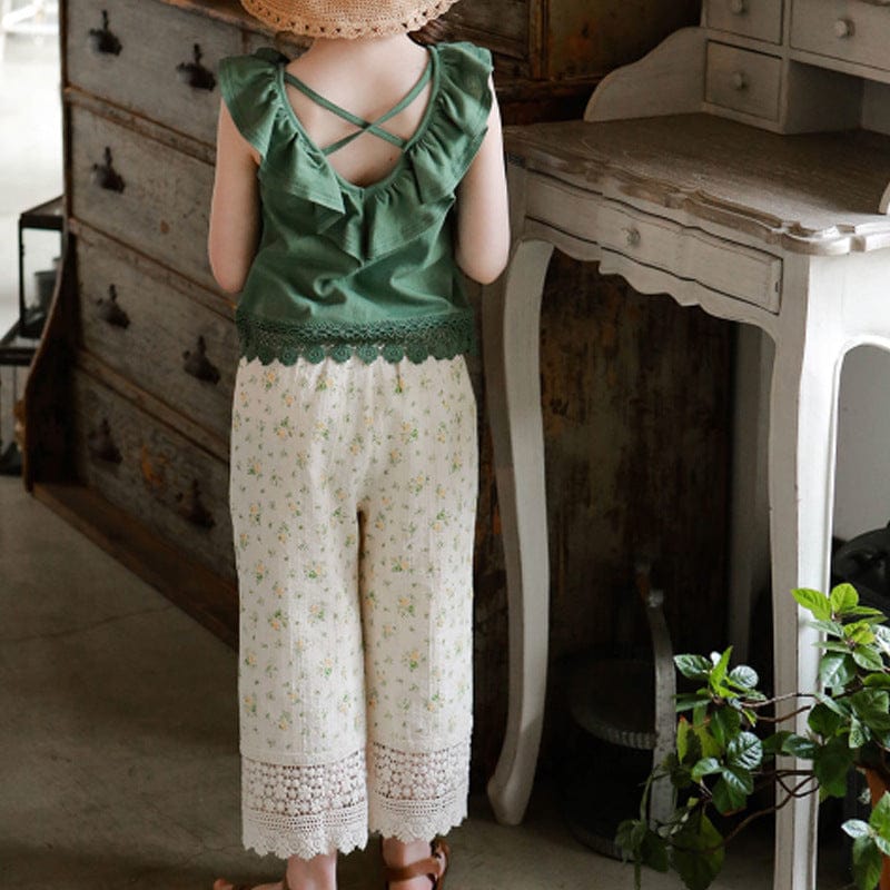 ロングパンツ・スウェットパンツ フラワープリント裾刺繍レースクロップドパンツ【mh0009658】