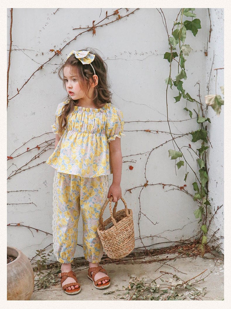 半袖シャツ・ブラウス フラワープリントガーリー半袖パフスリーブブラウス【mh0010274】