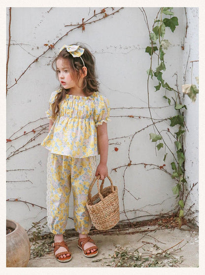 半袖シャツ・ブラウス フラワープリントガーリー半袖パフスリーブブラウス【mh0010274】