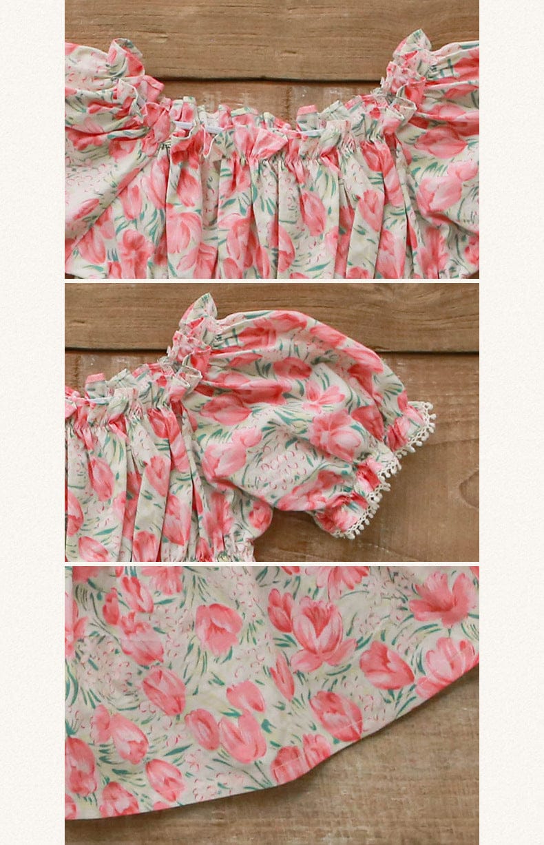 半袖シャツ・ブラウス フラワープリントガーリー半袖パフスリーブブラウス【mh0010274】