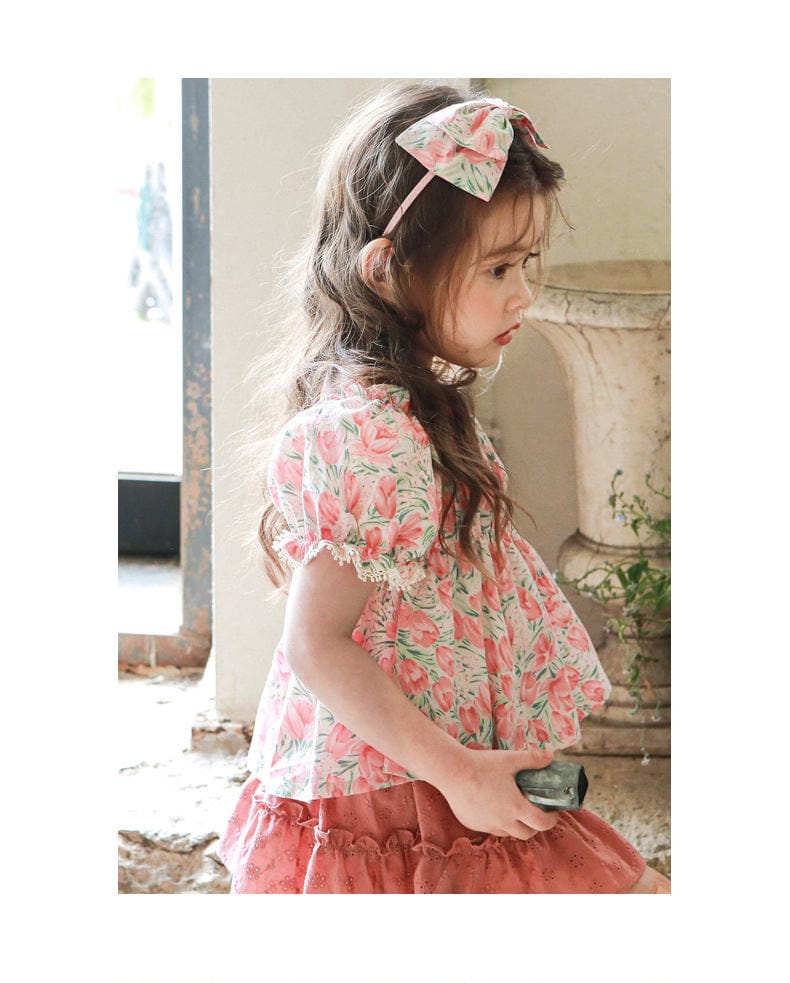 半袖シャツ・ブラウス フラワープリントガーリー半袖パフスリーブブラウス【mh0010274】