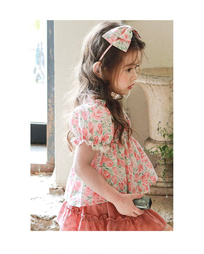 半袖シャツ・ブラウス フラワープリントガーリー半袖パフスリーブブラウス【mh0010274】