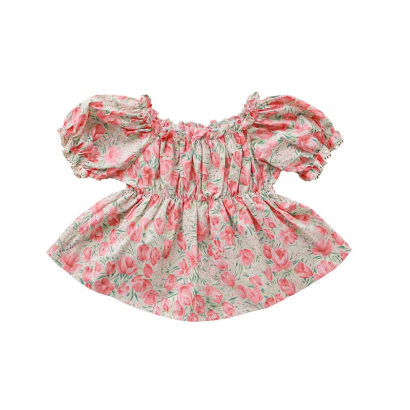 半袖シャツ・ブラウス フラワープリントガーリー半袖パフスリーブブラウス【mh0010274】