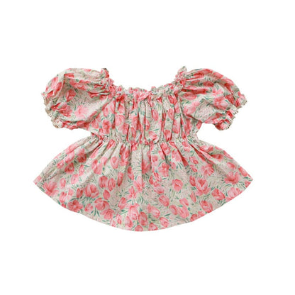 半袖シャツ・ブラウス フラワープリントガーリー半袖パフスリーブブラウス【mh0010274】