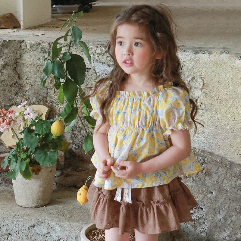 半袖シャツ・ブラウス フラワープリントガーリー半袖パフスリーブブラウス【mh0010274】