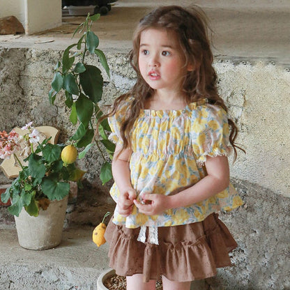 半袖シャツ・ブラウス フラワープリントガーリー半袖パフスリーブブラウス【mh0010274】