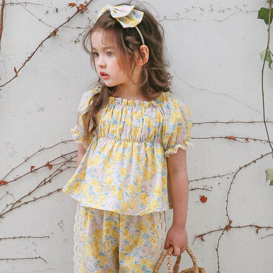 半袖シャツ・ブラウス フラワープリントガーリー半袖パフスリーブブラウス【mh0010274】