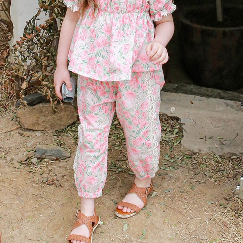 ロングパンツ・スウェットパンツ フラワープリントサイドレースクロップドパンツ【mh0010278】